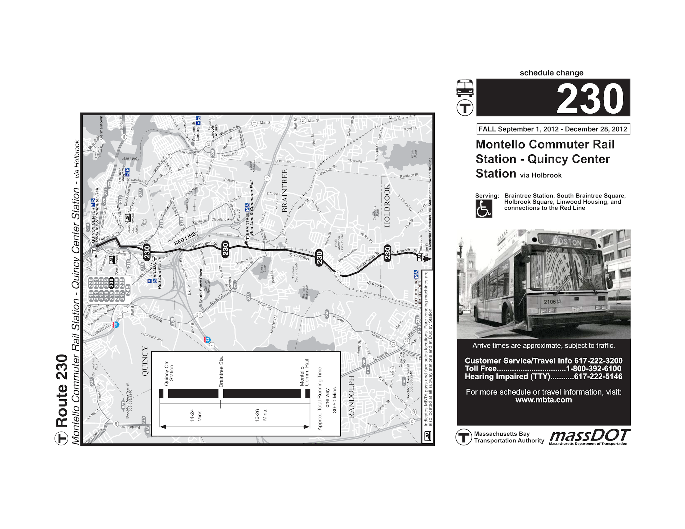 This page is the MBTA map of bus Route 230, between Montello Commuter Rail Station and Quincy Center Station.